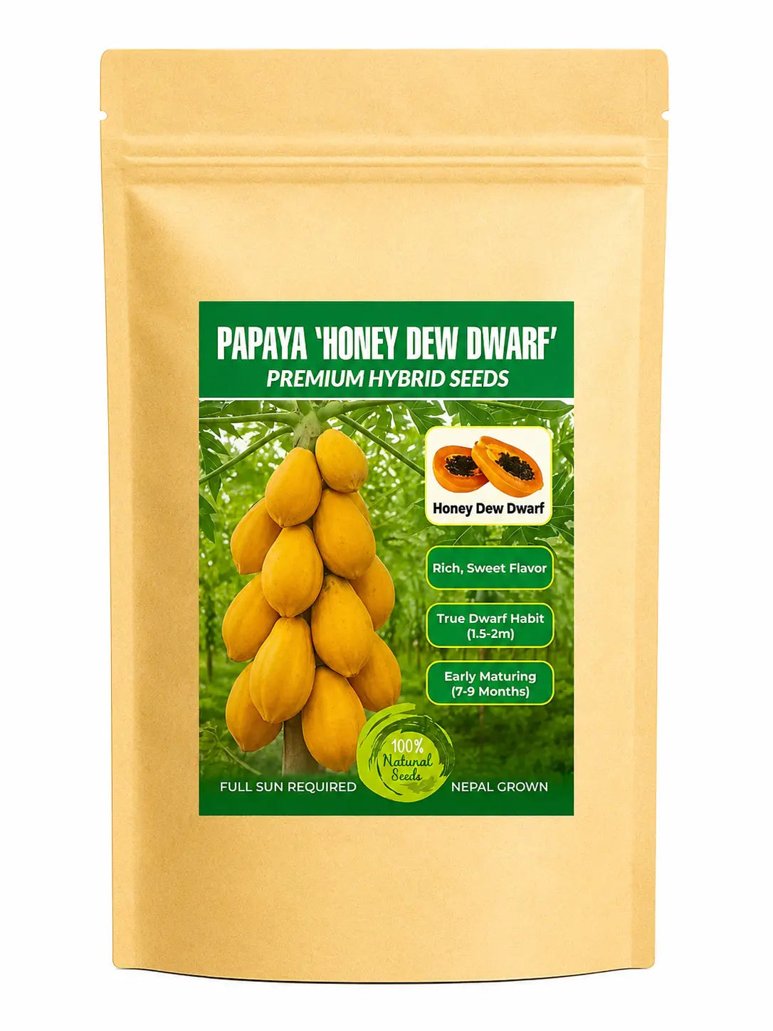 50 Seeds - (Premium Hybrid Honey Dew Dwarf Papaya Seeds)